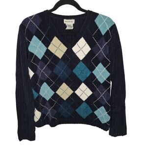 Vintage Y2K Argyle Chenille Sweater Women Large 12/14 Academia Preppy White Stag